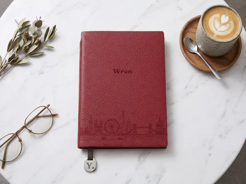 A Red notebook engraved with the London skyline in one line beneath a name, on a marble cafe table beside a flat white in a stoneware cup.