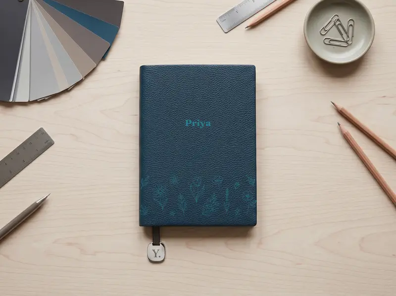 A Peacock notebook engraved with a band of wildflowers beneath a name, on a pale wood desk beside a colour swatch fan and sharpened pencils.