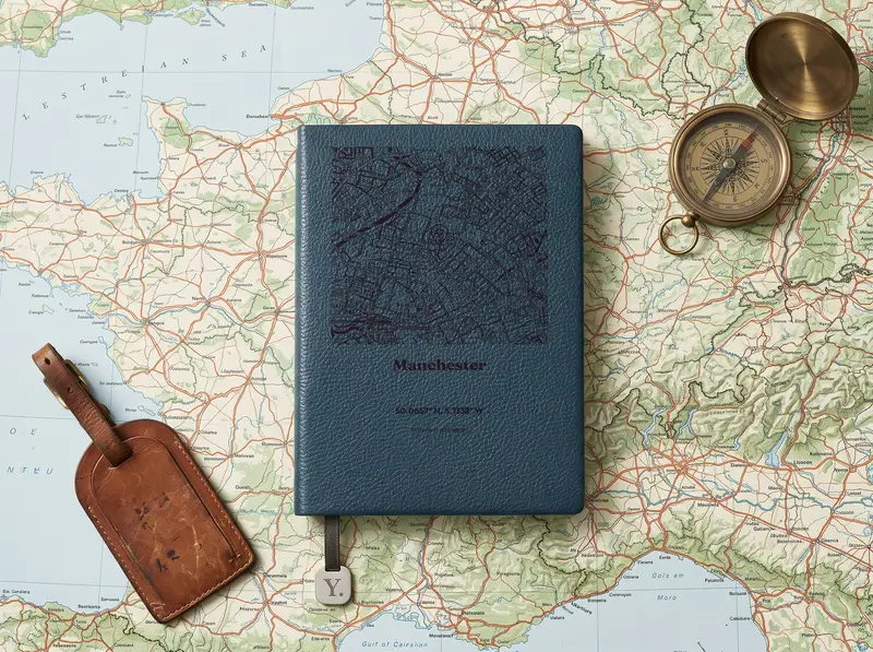 A Peacock notebook engraved with a street map of Manchester, on an open paper road map beside a brass compass and a leather luggage tag.