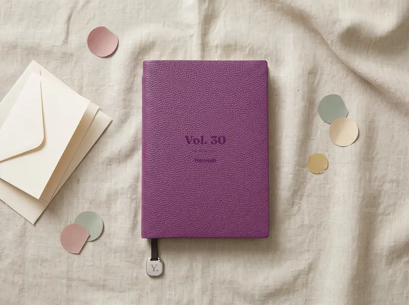 A Bramble notebook engraved “Chapter 30”, on a linen tablecloth beside a card in its envelope and a scatter of paper confetti.