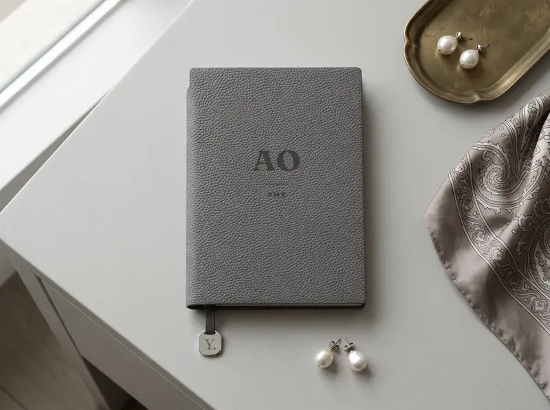 A Grey notebook engraved with a monogram, on a dressing table beside a folded silk scarf, a brass tray and pearl earrings.