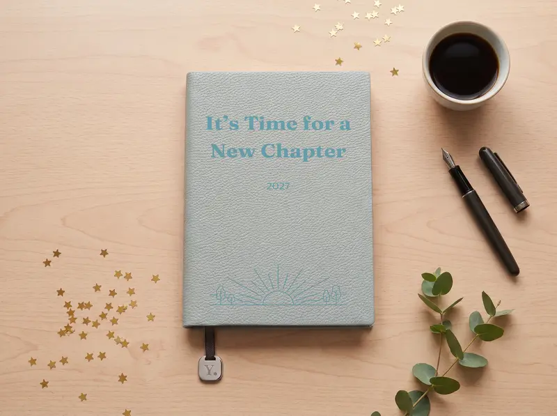 A Harbour notebook engraved “It’s Time for a New Chapter” above a sun rising over the hills, on a pale oak table on New Year’s morning beside a cup of black coffee, a fountain pen and a scatter of gold foil stars.