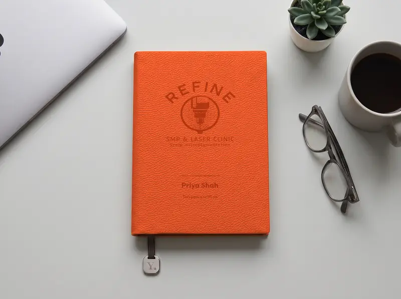 A Naranja notebook engraved with a company logo above a name, on a pale office desk beside a laptop, a mug of coffee, a pair of glasses and a small potted succulent.