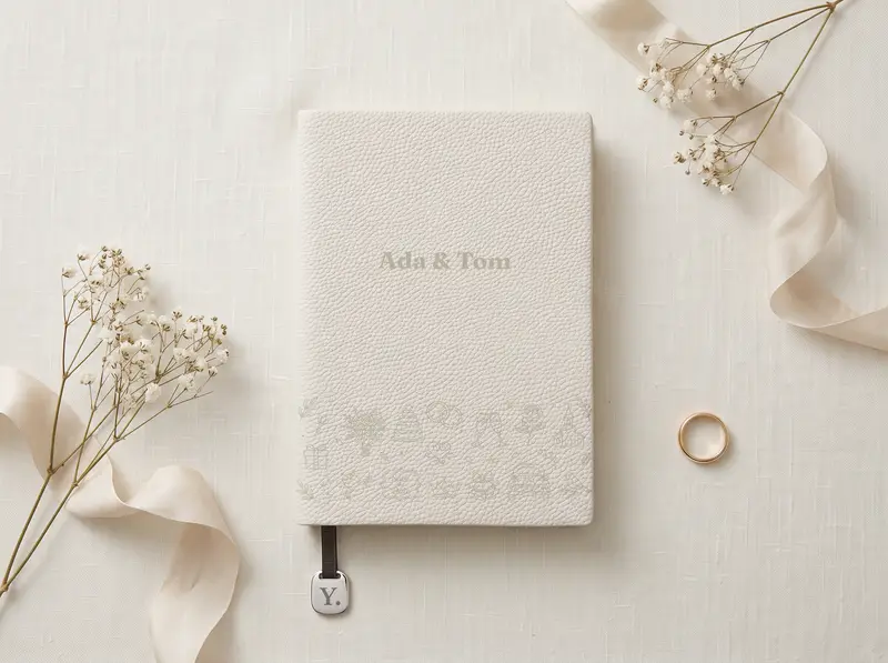A Chalk notebook engraved with a band of wedding rings, a bouquet, a tiered cake, a church and a just-married car beneath a pair of names, on ivory linen beside a ring box and dried blooms.