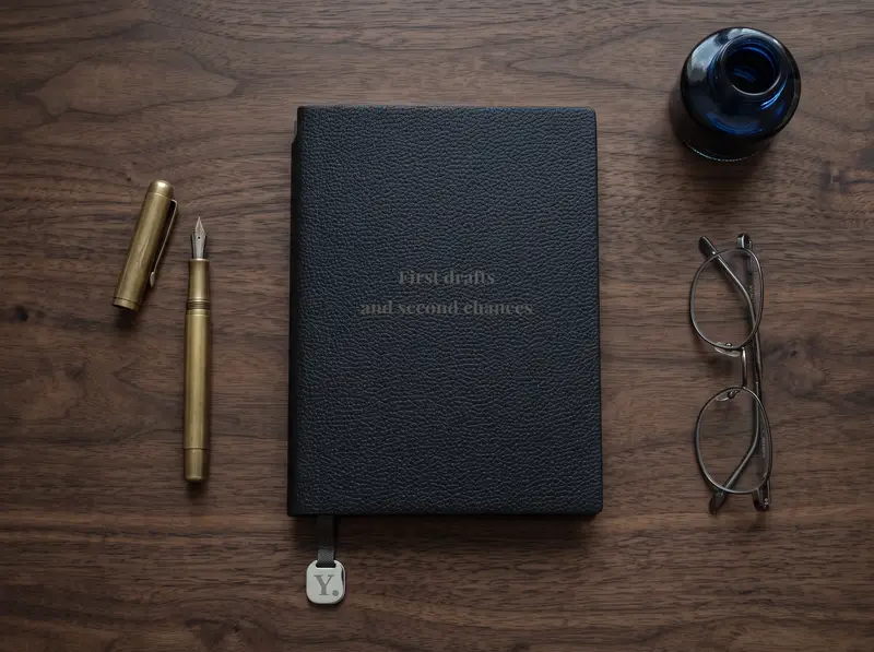 An Onyx notebook engraved with two lines of the buyer’s own words, on a dark writing desk beside a fountain pen, an inkwell and folded glasses.