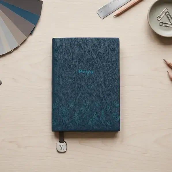 A personalised, laser-engraved A5 notebook on a pale wood desk, beside a colour swatch fan and sharpened pencils.